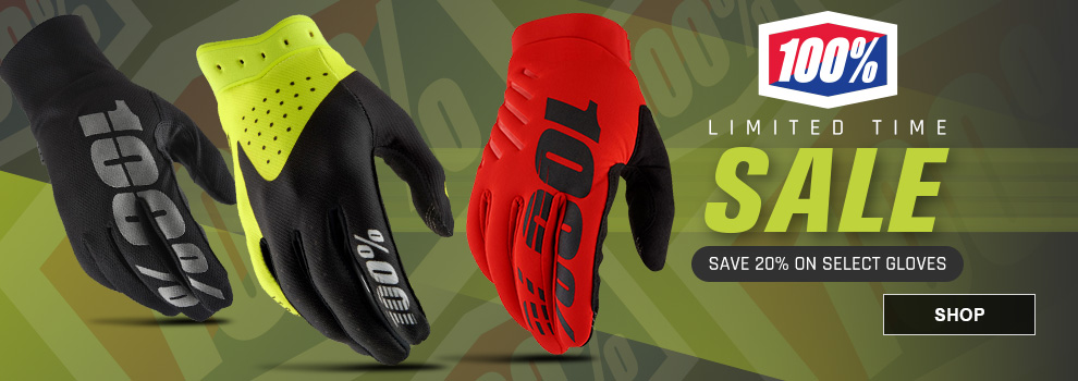 One hundred percent limited time sale, save twenty percent on select gloves, SHOP button